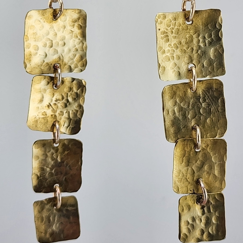 BRASS EARRINGS HANDMADE HAMMERED FOR TEXTURE DANGLING STYLE - Picture 8 of 9